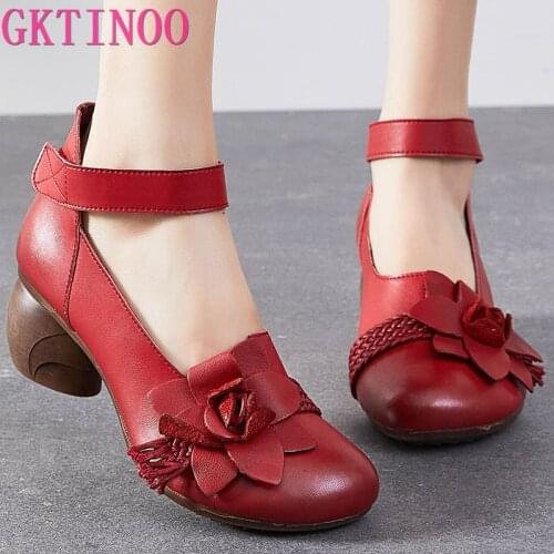 GKTINOO Pumps Women Shoes 2021 New Autumn Genuine Leather Hook & Loop Round Toe Retro High Heels Handmade Flower Ladies Shoes