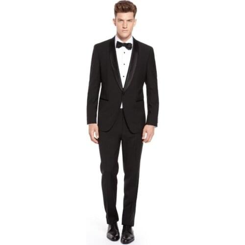 Custom Made Mens Suits Groomsmen Shawl Satin Lapel Groom Tuxedos Black Wedding Best Men Suit (Jacket+Pants+Tie)