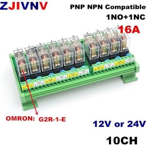 10 Channels 1NO+ 1NC DIN Rail Mount Interface Relay Module with OMRON G2R-1-E 16A INPUT DC 12V 24V PNP NPN compatible