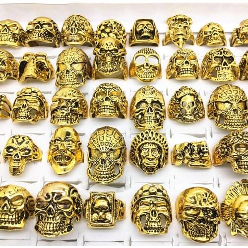 Wholesale 50pcs/lot skull rings mens unisex mixed styles Golden big cool Exquisite punk metal alloy rock Biker skeleton jewelry