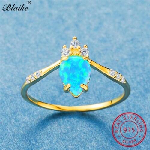Rainbow Blue Fire Opal Ring Water Drop Stone 925 Silver Yellow Gold Crown Rings For Women Zircon Wedding Thin Ring Band Jewelry