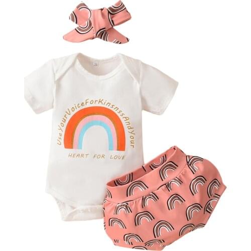3Pcs Baby Tracksuits Rainbow Print O-Neck Short Sleeves Romper + Elastic Pantie + Headband for Toddler Girls 0-18 Months