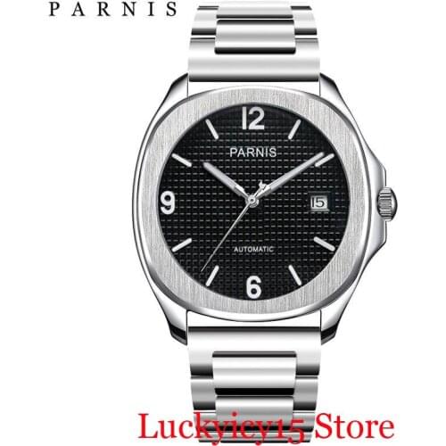 Fashion PARNIS Sapphire Glass 40mm Square Watch Case Dress Men Mechnical Wristwatch Date Window SS Bracelet