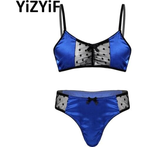 Men Satin Lingerie Suit Sissy Nightwear Sheer Mesh Patchwork Adjustable Strap Bra Tops with Briefs Thongs Male Sexy Underwear