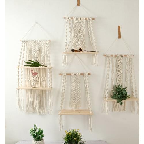 Macrame Wall Hanging Plant Decor Shelf Indoor Outdoor Floating Wood shelves Decorative Hand Made Rope Boho Shelving for Plants