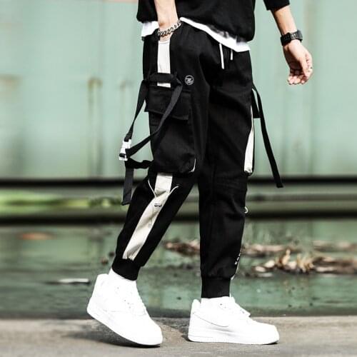 QNPQYX New Ribbons Harem Joggers Men Cargo Pants Streetwear Hip Hop Casual Pockets Track Pants Male Harajuku Fashion Trousers