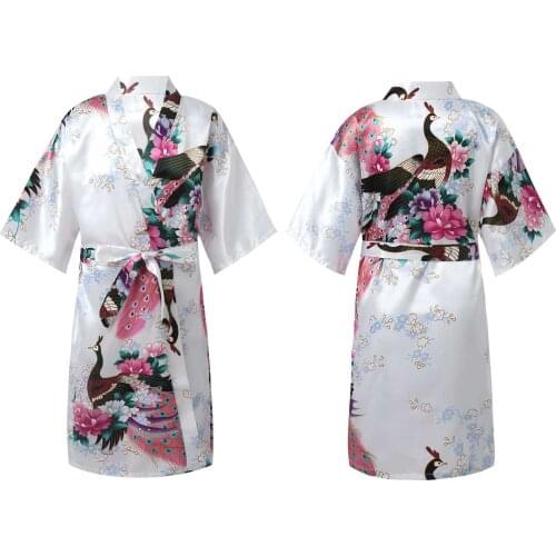 3-14Y Kids Girls Kimono Robe Peacock Flower Printed Faux Satin Bathrobe Nightgown Sleepwear For Spa Party Wedding Birthday