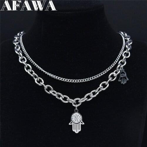 2PCS Hip Hop Crystal Stainless Steel Layer Chocker Necklace Silver Color Islam Hamsa Hand Necklace Jewelry collier NXHYB198S0