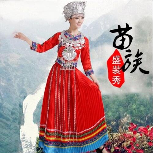 Miao dance dress Red Pleated dress Long style Tujia dance costumes Chinese folk Hmong