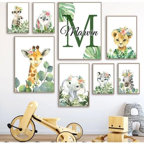 Custom Baby Name Poster Print Giraffe Elephant Lion Zebra Personalized Wall Art Canvas Painting Decoration Kids Bedroom Picture