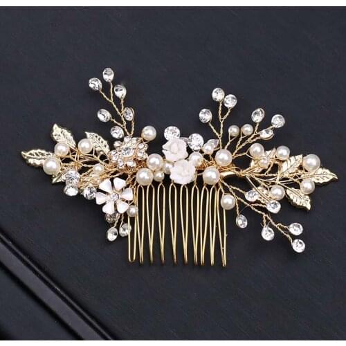 Hot Sale Golden Bride Pearl Hair Combs Wedding Accessories Leaf Flower Wedding Hair Jewelry Women Hair Ornaments Comb LB