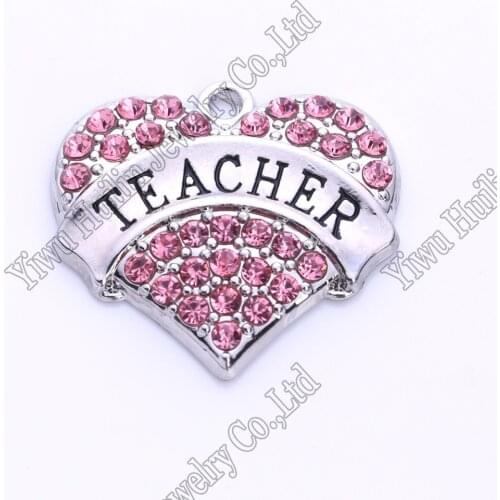 Rhodium Plated Pink/Blue/White Word Pendant TEACHER Crystal Heart Pendant For Necklace Making