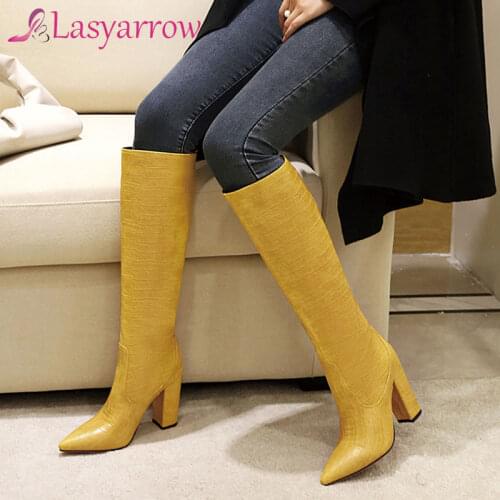 Lasyarrow Plus size 34-48 New women boots slip on thick high heels knee high boots women shoes fashion western winter boots