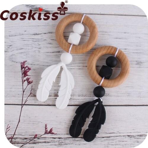 Coskiss BPA Free Silicone Beads Feather Pendant Beech Wooden Teething Ring Baby Toy Product 6 Colors Baby Molar Gift