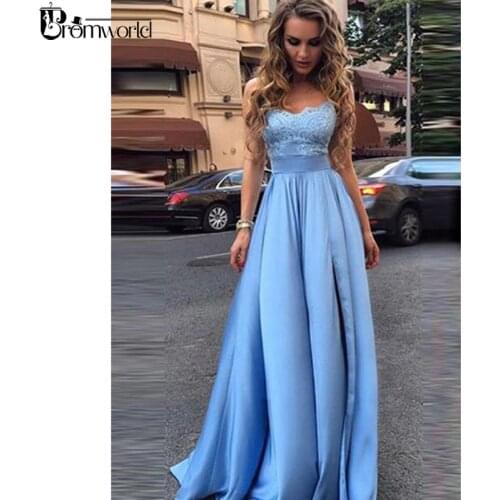 Light Blue Prom Dresses 2020 A Line Spaghetti Straps Lace Satin Party Maxys High Split Long Prom Gown Mint Evening Dress