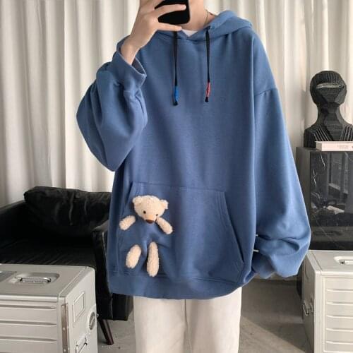 Mens Cotton Pure Color Cute Hoodies Oversized Streetwear Male Clothes Pullover Top Loose Sweatshirts Casual Big Pockets Coats