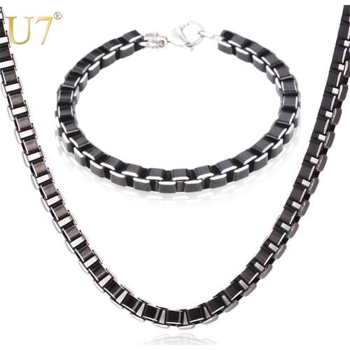 U7 Stainless Steel Jewelry Sets Black Box Link Chain For Men Jewelry Fashion High Quality Necklace Set Bracelet Men S649