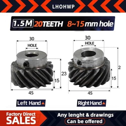 2pcs right Helical Gear 1.5M 20Teeth inner hole 8/10/12/14/15mm 90 degree transmission High torque Steel Gears Screw Hole M5