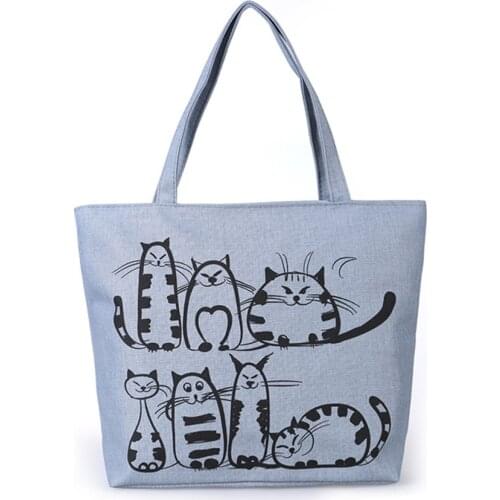 Women Cute Cartoon Cat Print Canvas Shoulder Bag Zipper Casual Tote Shopping Handbag Best Sale-WT