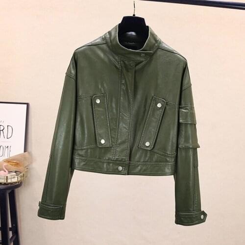 2021 Autumn New Short Faux PU Leather Jacket Women Korean Fashion Long Sleeve Black Zipper Motorbike Coat Female Outerwear H1069