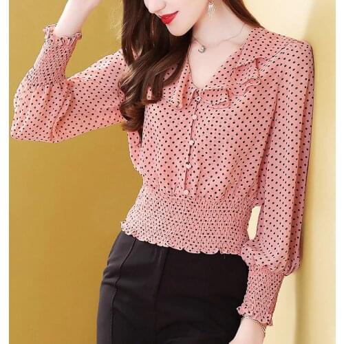 Womens Spring Autumn Style Chiffon Shirt Womens Ruffled-Neck Polka Dot Patchwork Elegant Long Sleeve Casual Tops DD8397