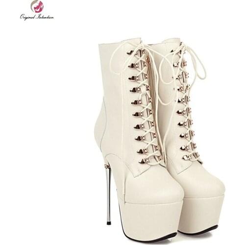 Womens Round Toe Mid Calf Boots Shoes Super High Platform Cross Tied Side Zipper Boots Party Office Women Shoes Plus Size 32-43