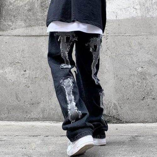 High Street Back Bone Embroidery Ripped Hole Jeans Pants Men and Women Oversize Straight Black Casual Vibe Denim Trousers