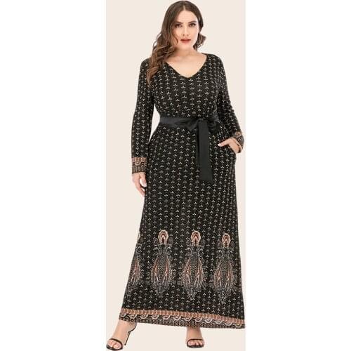 2021 Autumn Winter Dress Long Sleeve Women V Neck Retro Printing Vintage Turkey Dubai Muslim Dress Maxi Plus Size Women Clothing