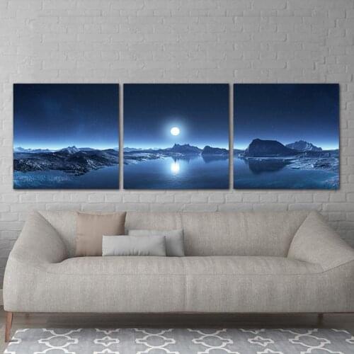 Art Living Home Decor Canvas Painting 3 Panel Modular Pictures Canvas Paintings Mountain Lake Moon Natural Landscape