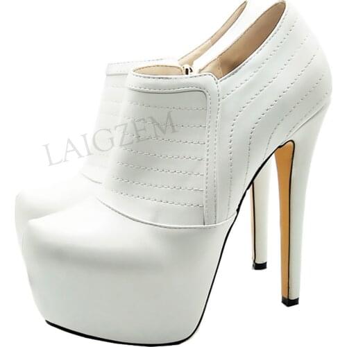 LAIGZEM Platform Ankle Booties High Heel Side Zip Short Boots White Shoes Woman Ladies Zapatos Mujer Large Size 34 42 43