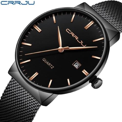 CRRJU Top Luxury Brand Watches Men Stainless Steel Mesh Band Fashion Quartz Watch Ultra Thin Dial Clock Male