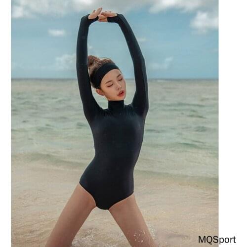 Black Long Sleeve Women Swimwear Diving One Piece Swimsuit Solid Bathing Suit Rash Guard Surfing Swimming Suit Rashguard