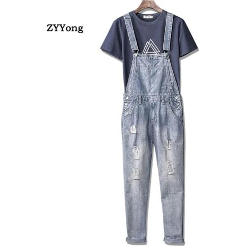 Men Ripped Jeans Bib Overalls Loose Plus Size Streetwear Hip Hop Hole Denim Jumpsuits Trousers Leisure Tattered Freight Pants