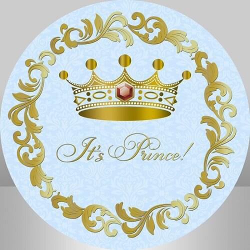 Circle Round Backdrop Little Prince Background Gold Crown Baby 1st Birthday Party Decoration Candy Table Banner Cover Elastic