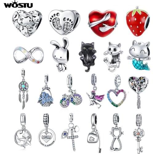 WOSTU Authentic 925 Sterling Silver CZ Crown Heart Bead Charm Pendant Fit Original Bracelet Bangle DIY Fine Jewelry Making Gift