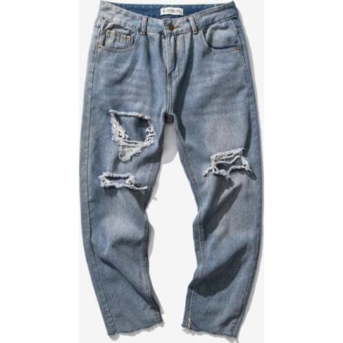 Mens Fashion Pants 2021 Hole Denim Jeans Mens Trendyol Loose Social Youth Man Clothes Brand Raw Edge Mans Branded Cowboy Pants