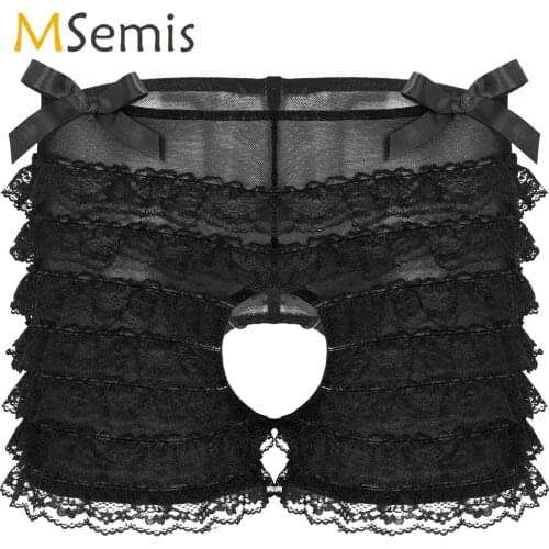 Mens Sissy Crotchless Underwear Floral Lace Lingerie Mid Rise Open Crotch Super Frilly Ruffled Layered Lace Briefs Panties