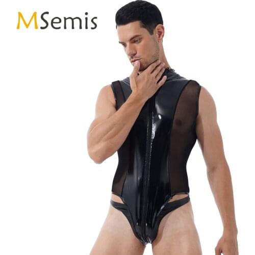 Mens Lingerie Shiny Metallic Patent Leather Bodysuit Double Zipper Clubwear Sheer Mesh Splice High Cut Thong Leotard Costume