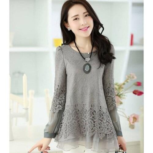 New Autumn Woman Lace Chiffon Women Clothing Tops Blouse Fashion Blusas Feminina Plus Size Black roupas Vintage
