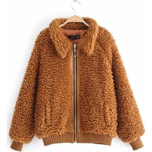 New Autumn Winter Womens Faux Fur Coats Casual Loose Lambswool Female Jackets Long Sleeve Thick Warm Lady Clothes Zipper Mujer