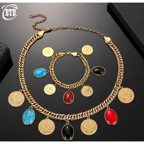New Fashion Turkey Gold Coin Women Charm Bracelet Turkey Luxury Rhinestone Jewelry Necklace Muslim Islamic Jewelry Set Wholesale