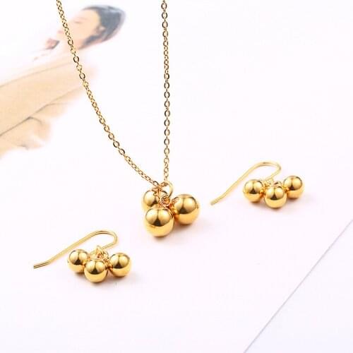 Stainless Steel Ball Shape Necklace And Earrings Gold Color Three Beads Pendant Drop Earring Fashion Women Jewelry Set