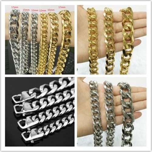 Top Quality 7-40" Mens 12/15/17MM Silver Gold color 316L Stainless Steel Necklace Cuban Curb Link Chain Hot Wholesale