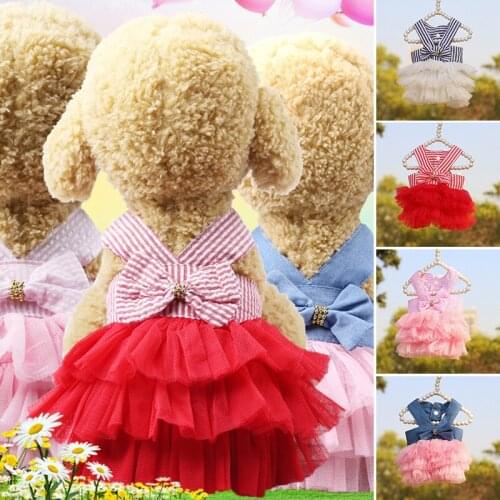 Pet Striped Pattern Sling Skirt with Sweet Bowknot Sleeveless Net Yarns Dresses Pet Party Costume for Spring and Summer WXV Sale