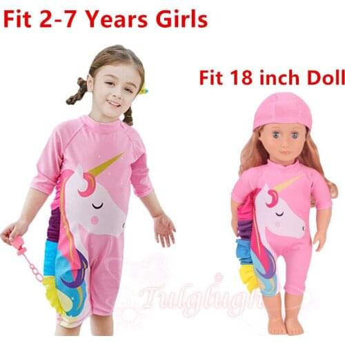Hot Doll and Girl Matching Unicorn One-Piece Pink Swimsuit for Girls and 18" American Dolls Clothes