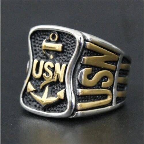 Drop Ship Size 7~13 Fashion Cool USMC Ring 316L Stainless Steel Jewelry Fashion Golden Navy Chief Anchor Ring