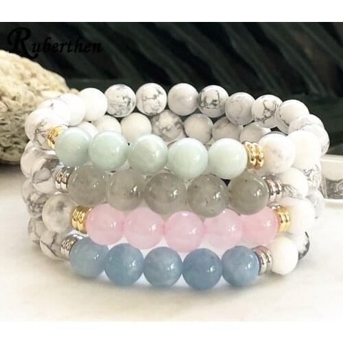 Ruberthen New Design Labradorite Howlite Bracelet Women`s Chalcedony Beaded Bracelet Energy Power Yoga Mala Bracelet