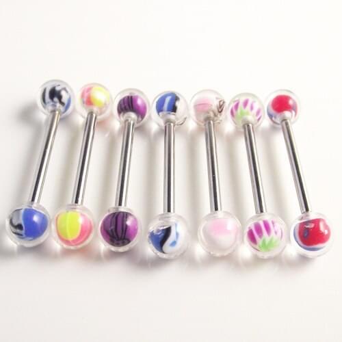 5pcs 1.6mm surgical Stainless Steel barbell piercing tongue ring clear logo printed design leaf skull star