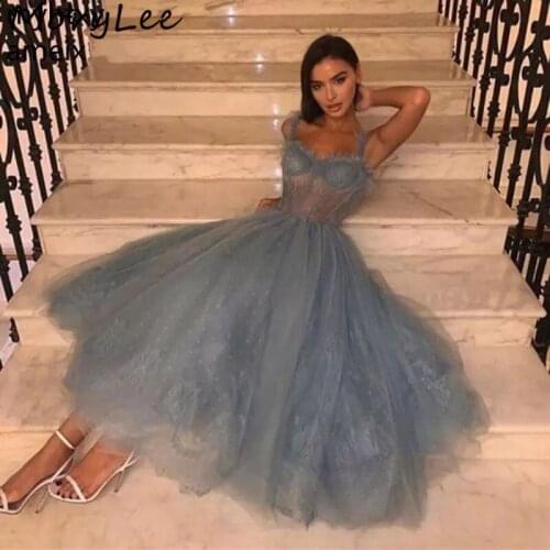 Evening Dresses Blue Sweetheart Sleeveless Ankle Length Soft Tulle Evening Dresses With Zipper Back vestidos de fiesta de noche