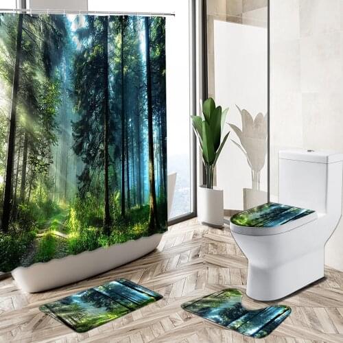 Foggy Forest Trees Landscape Shower Curtain Set Spring Green Plant Scenery Bathroom Bathtub Non-Slip Rug Toilet Cover Bath Mat